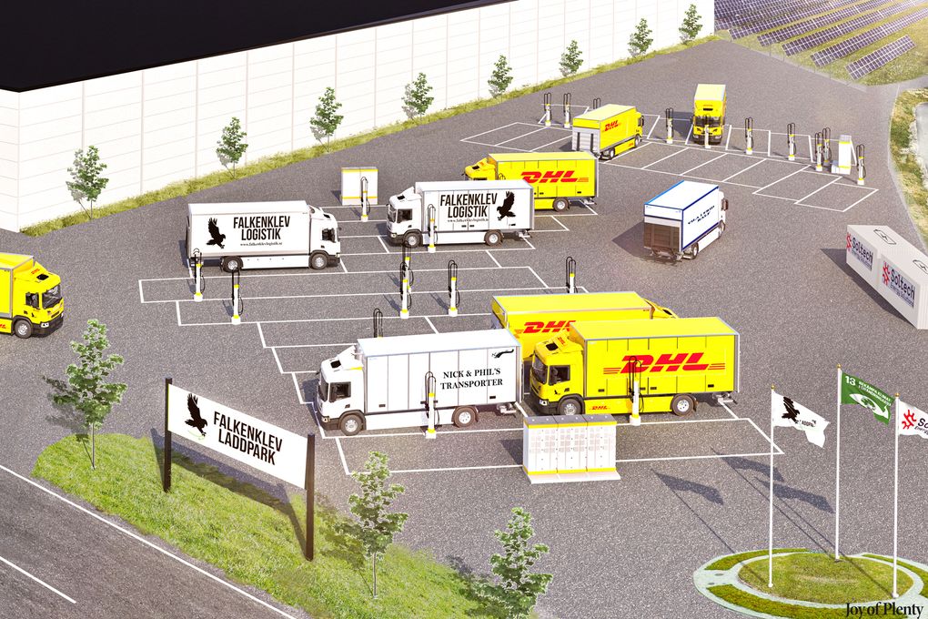 The new depot is part of Falkenklev’s visionary plan to have a charging station for the company’s 22 vehicles. When opened later this year, it will become Sweden’s largest truck charging station. In the future, the site could potentially be expanded to charge up to 40 vehicles simultaneously. Image: Scania